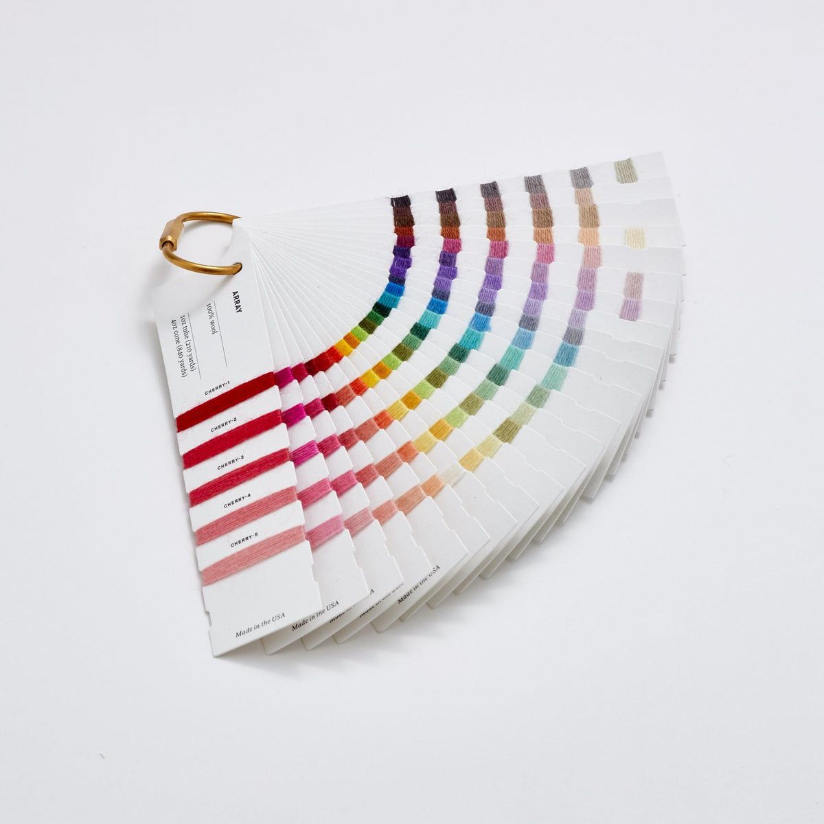 Array Wool Weaving Yarn Color Card - Complete Updated Set displaying all 119 yarn colors and shades in a fan layout.