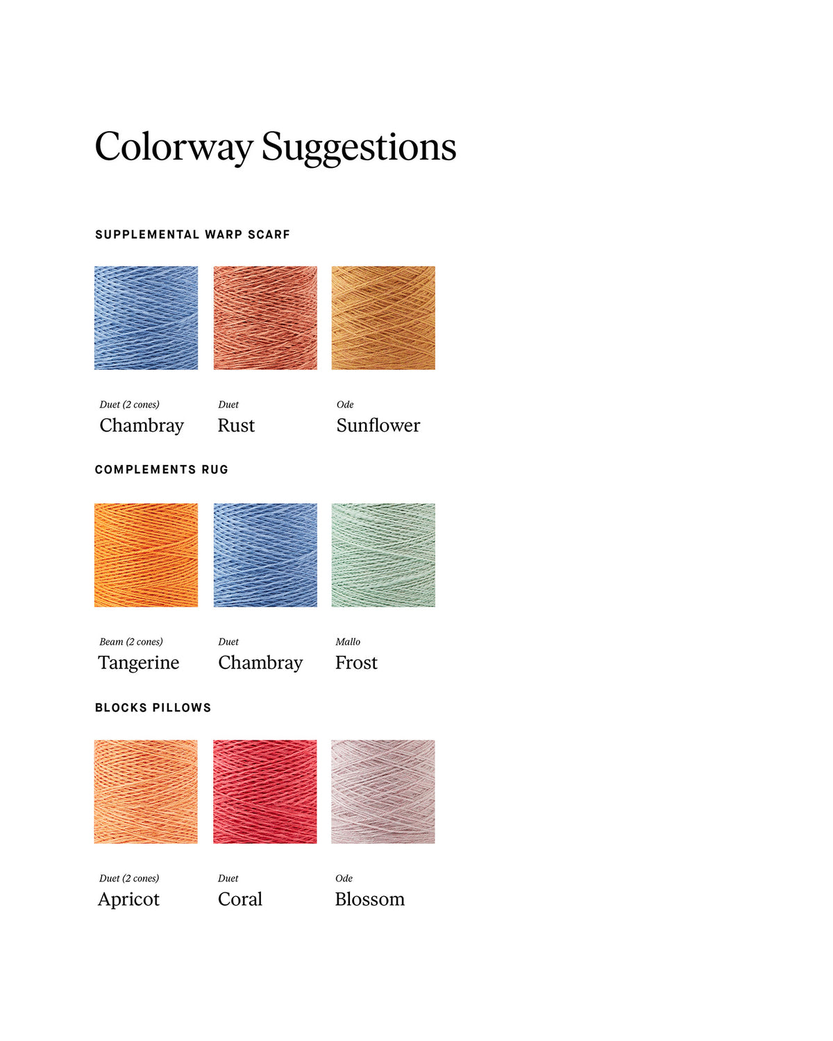 Chroma - Set of Three Patterns colorway suggestions with Chambray, Rust, Sunflower, Tangerine, Frost, Coral, and Blossom yarns.