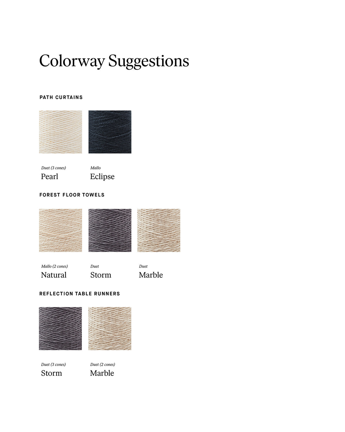 Forest Walk - Set of Three Patterns colorway suggestions for curtains, towels, and table runners yarn options.