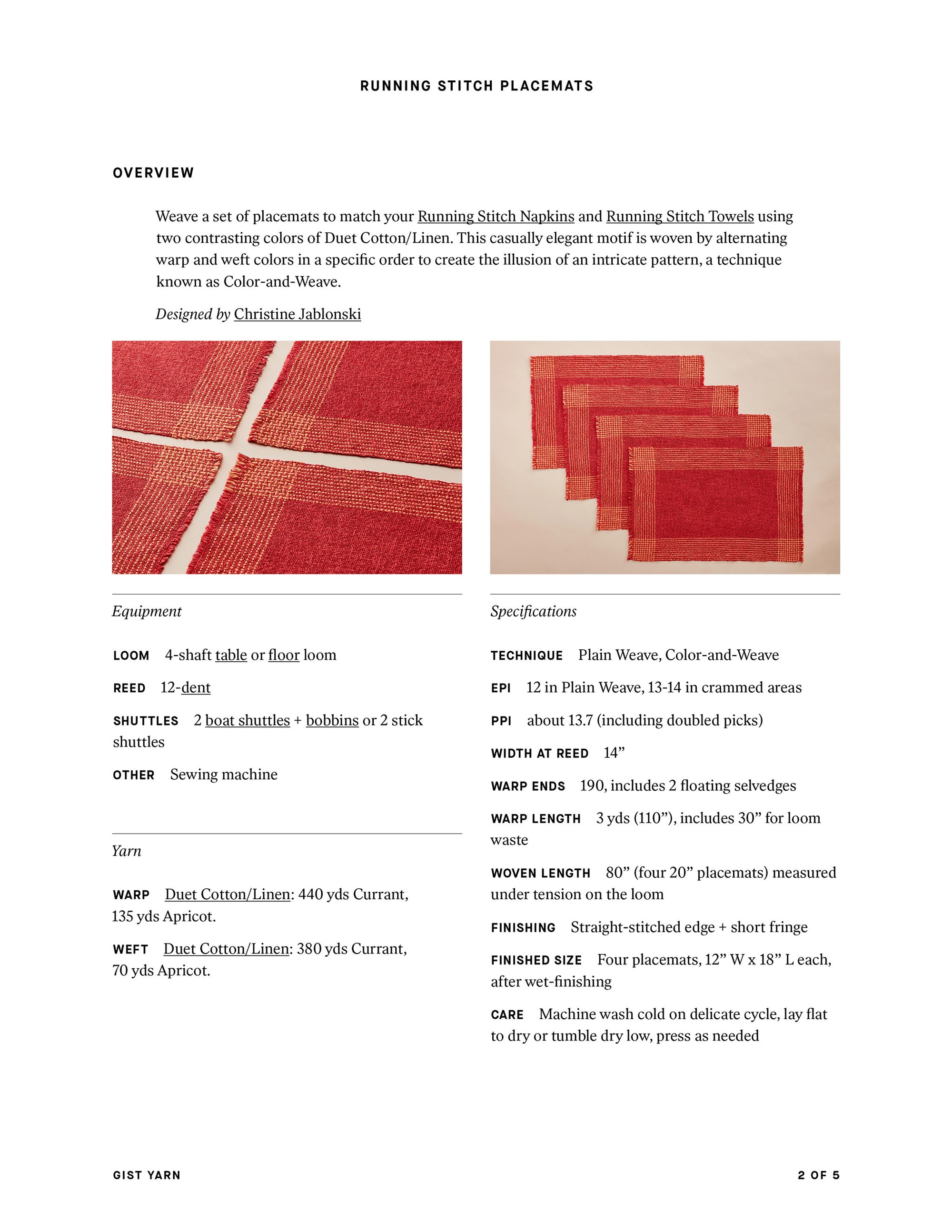 Running Stitch Placemats Weaving Pattern - Gist Yarn