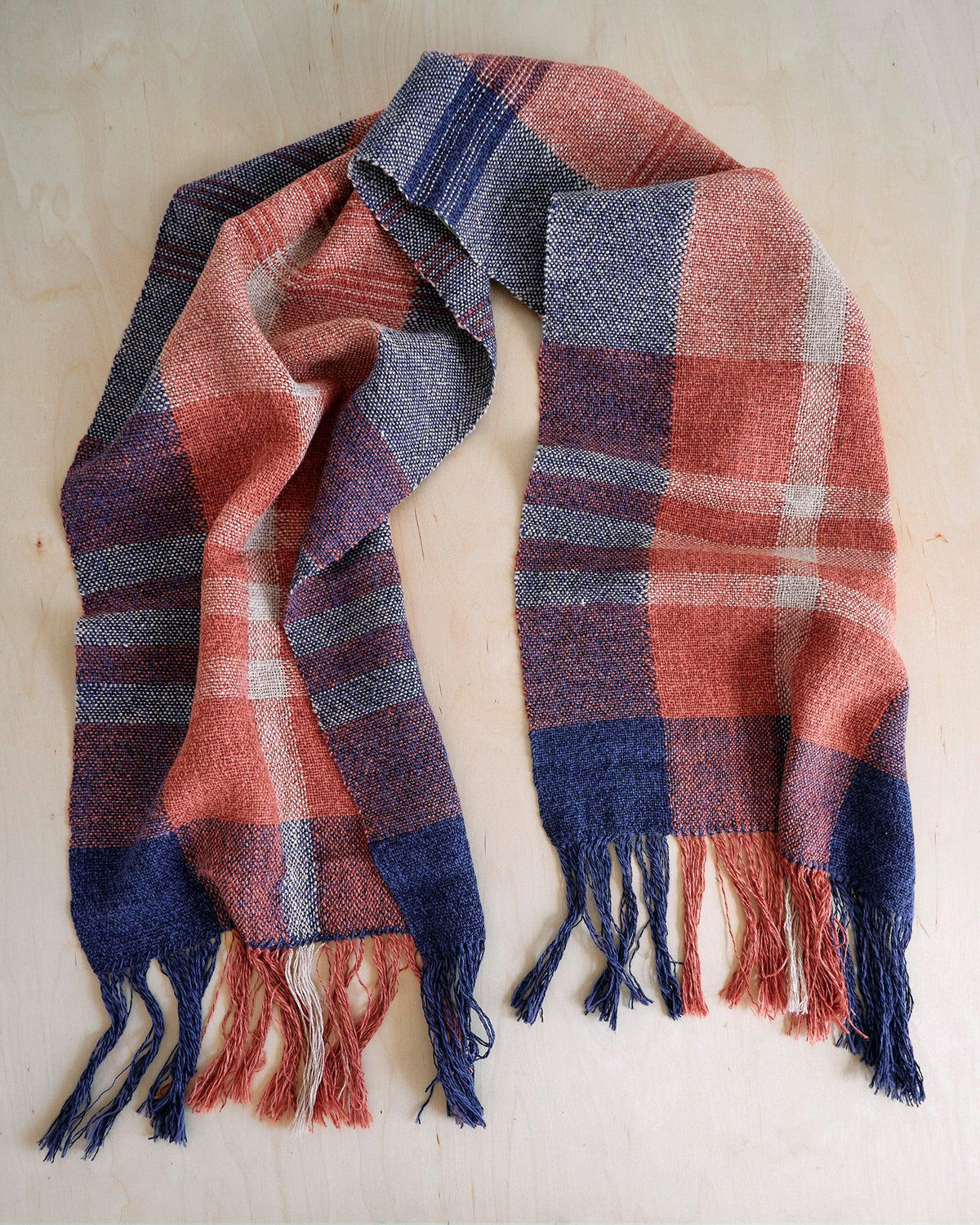 Duet Favorites - Set of Two Patterns featuring a woven scarf with rust, blue, and dune colors and fringed ends.